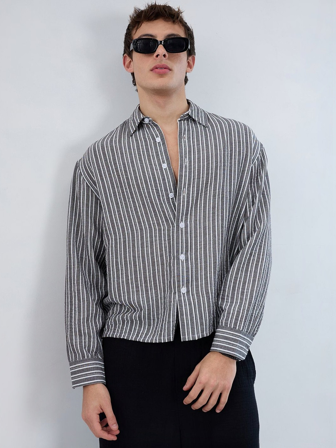 VASTRADO Monochrome Striped Crinkled Boxy-Fit Crop Shirt