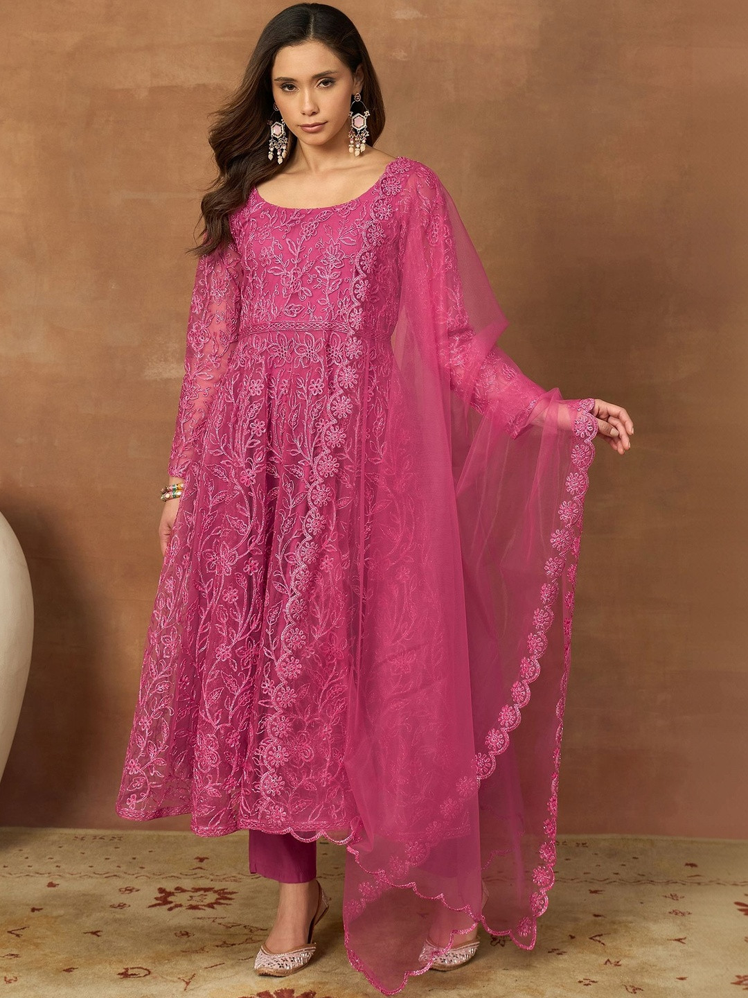 Inddus Women Ethnic Motifs Embroidered Panelled Thread Work Kurta with Trousers & With Dupatta