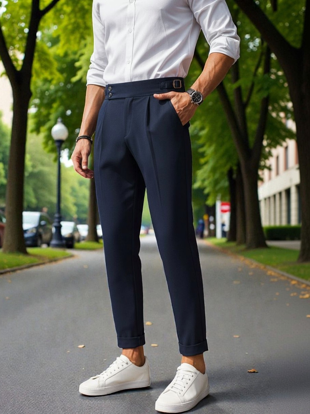 BROADSTAR Men Smart Slim Fit Easy Wash Pleated Trousers