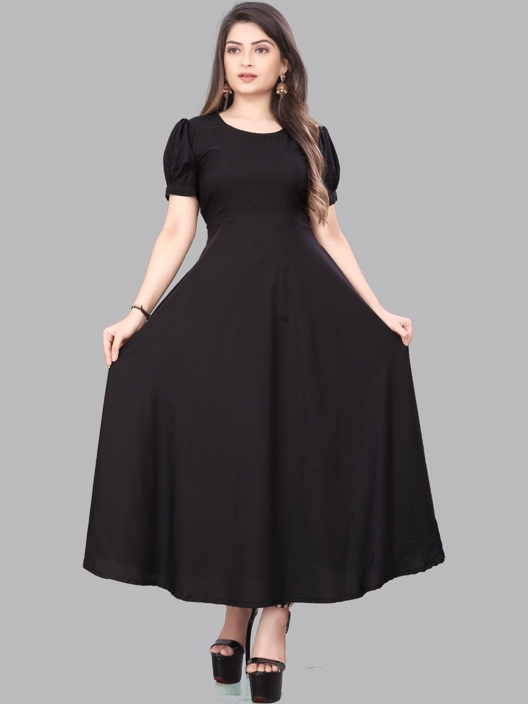 KRISHTI CREATION Puff Sleeve Crepe A-Line Maxi Dress