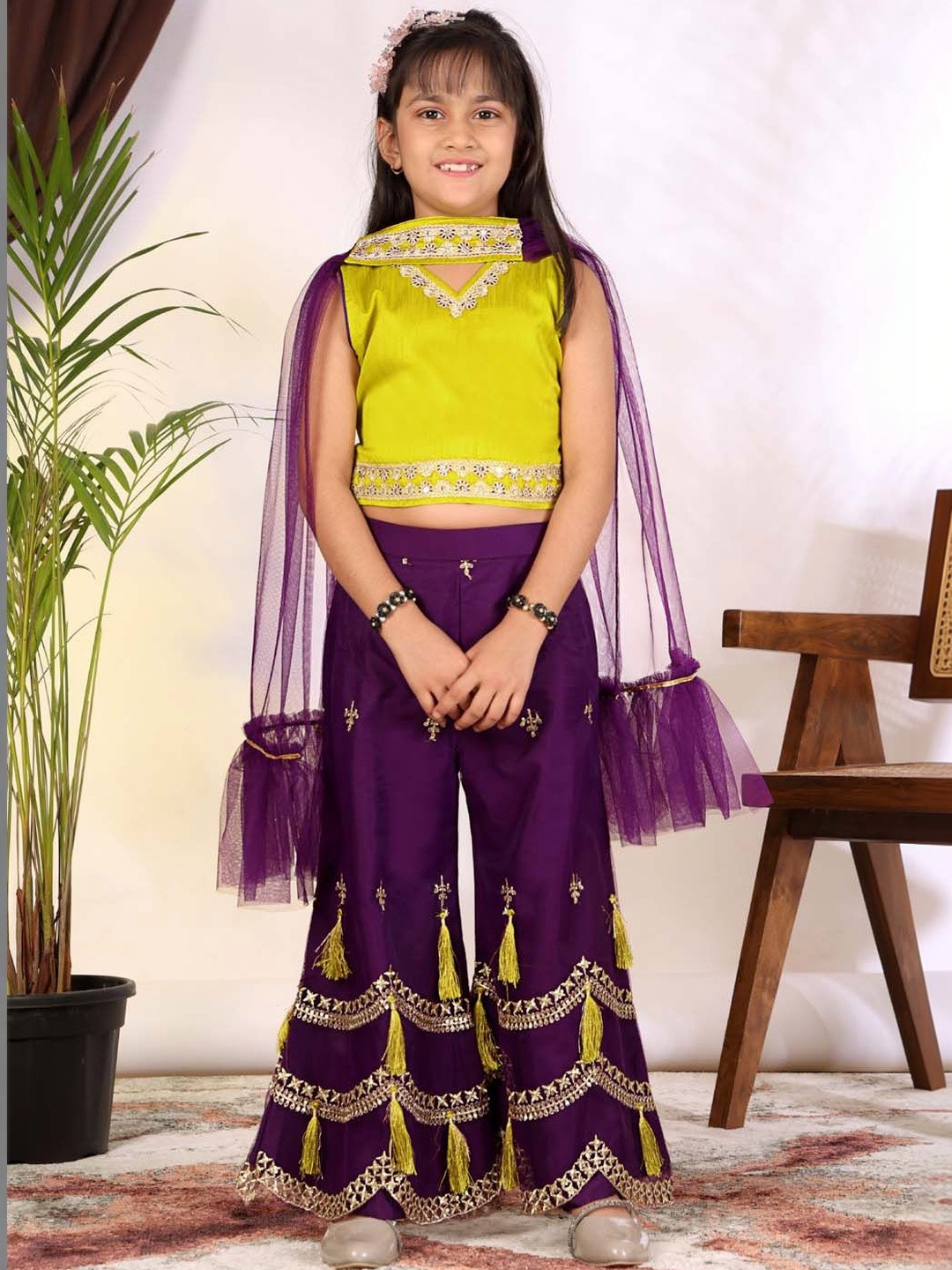 satyamfab Girls Ethnic Motifs Embroidered Regular Thread Work Top with Palazzos & With Dupatta