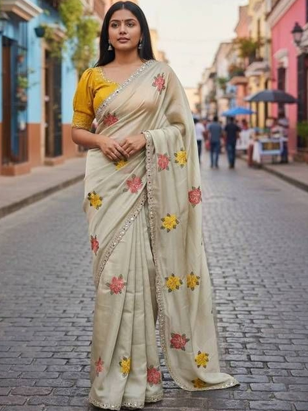 Sitanjali Floral Mirror Work Pure Georgette Saree