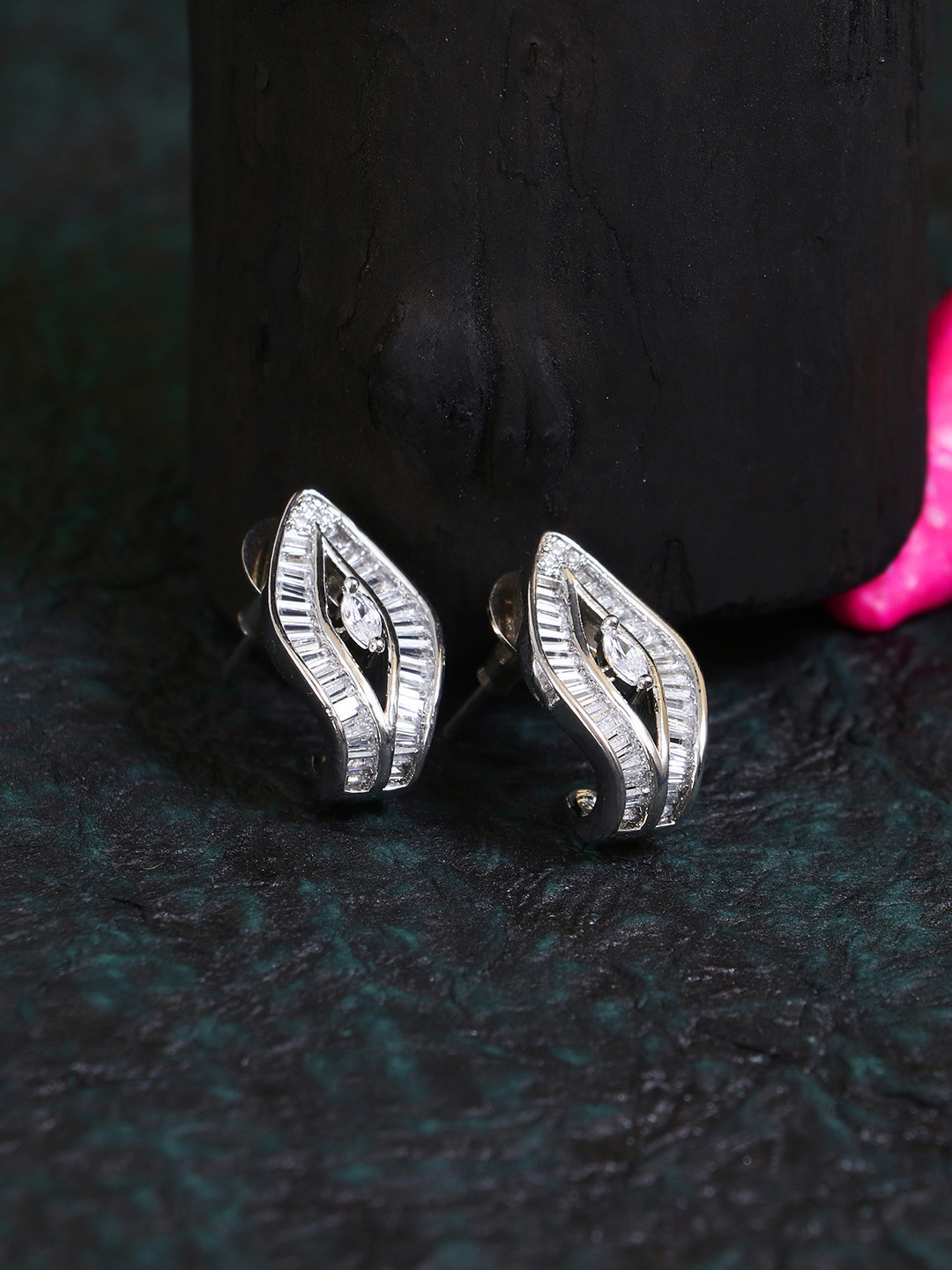 Adwitiya Collection Silver-Plated Sparkling Baguette Cubic Zirconia Curved Stud Earrings
