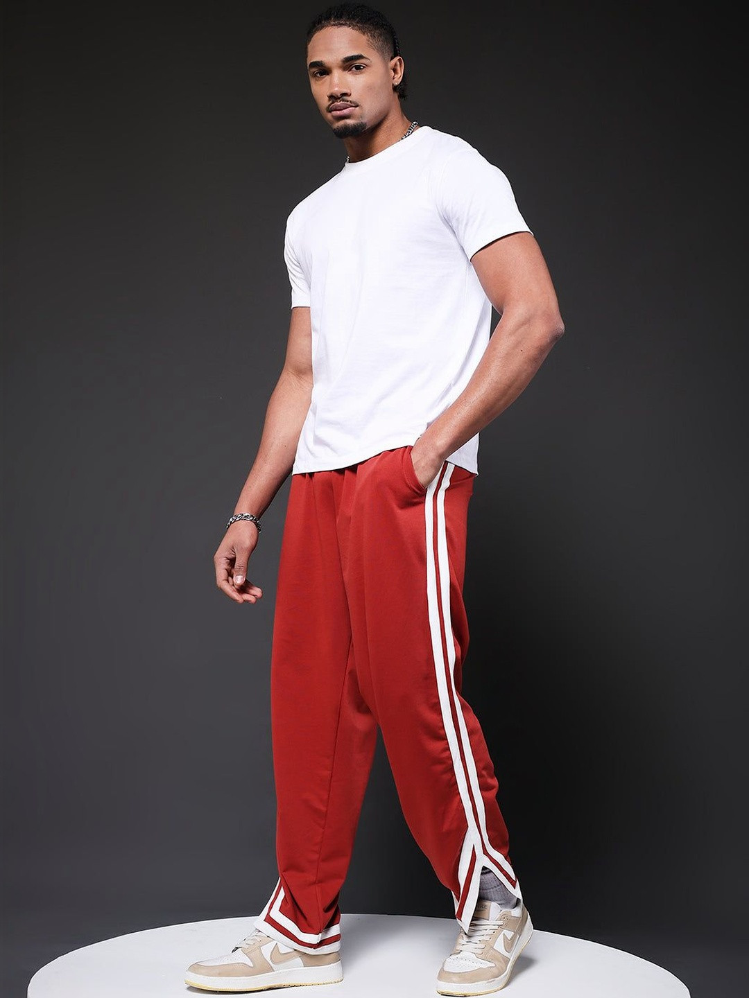 PRONK Men Striped Mid-Rise Track Pants