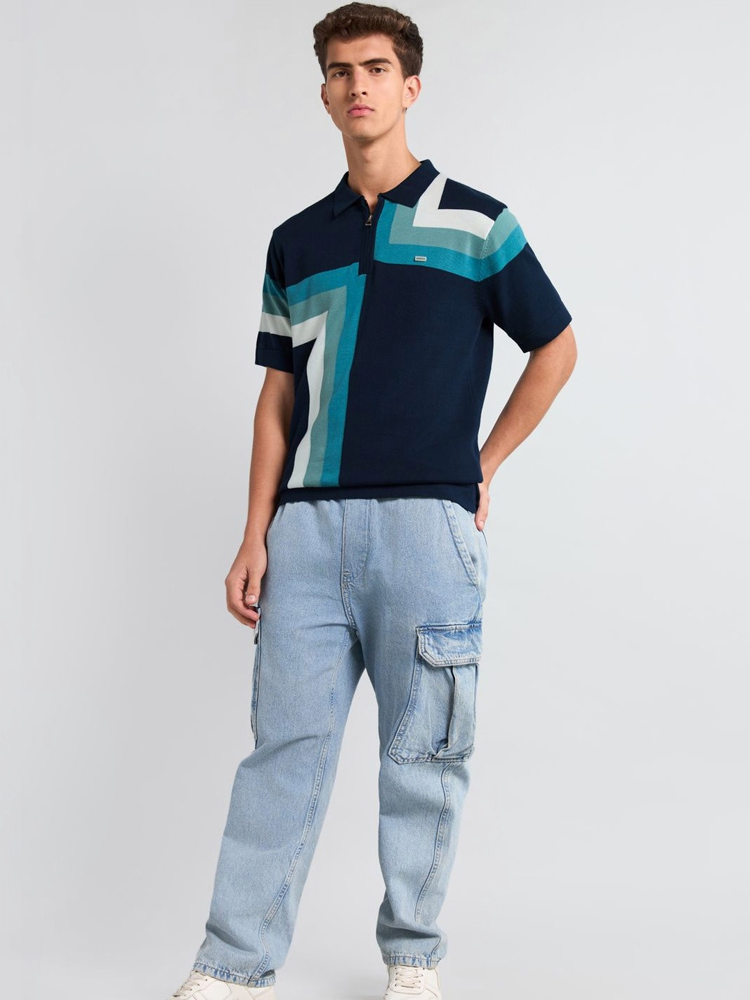 Hamercop Blue Knitted Cotton Zipper Polo Designer T-Shirt