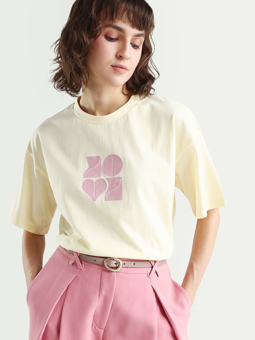 RAREISM Women Yellow Typography Print Boxy Fit Half Sleeve Crew Neck T-Shirt