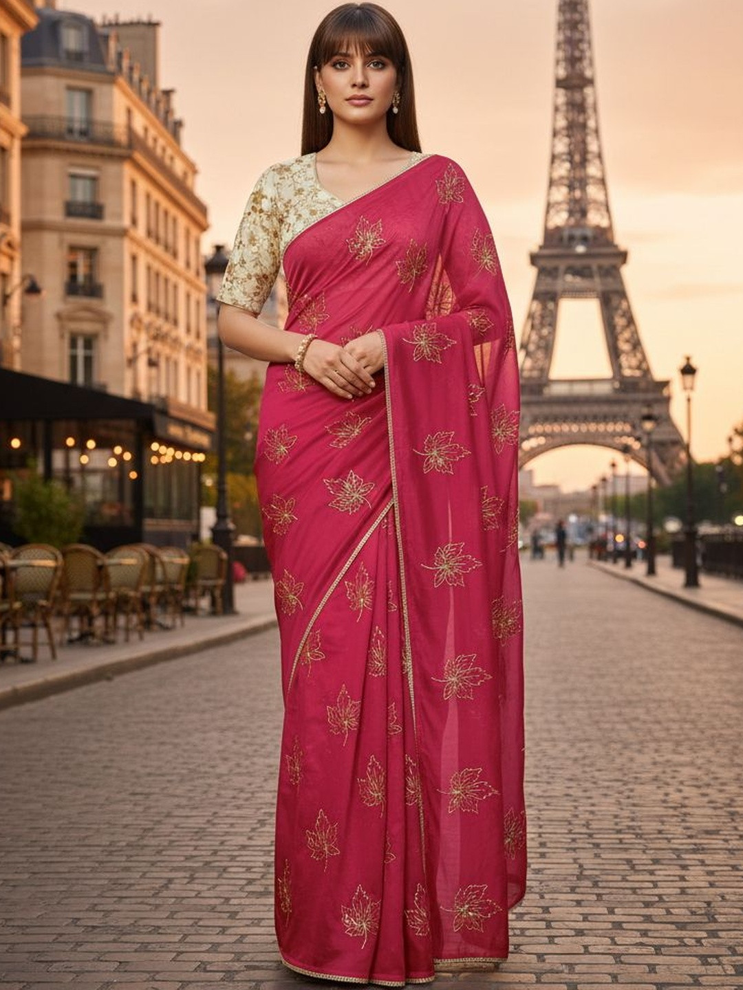 FABLAND Floral Embroidered Pure Georgette Heavy Work Saree