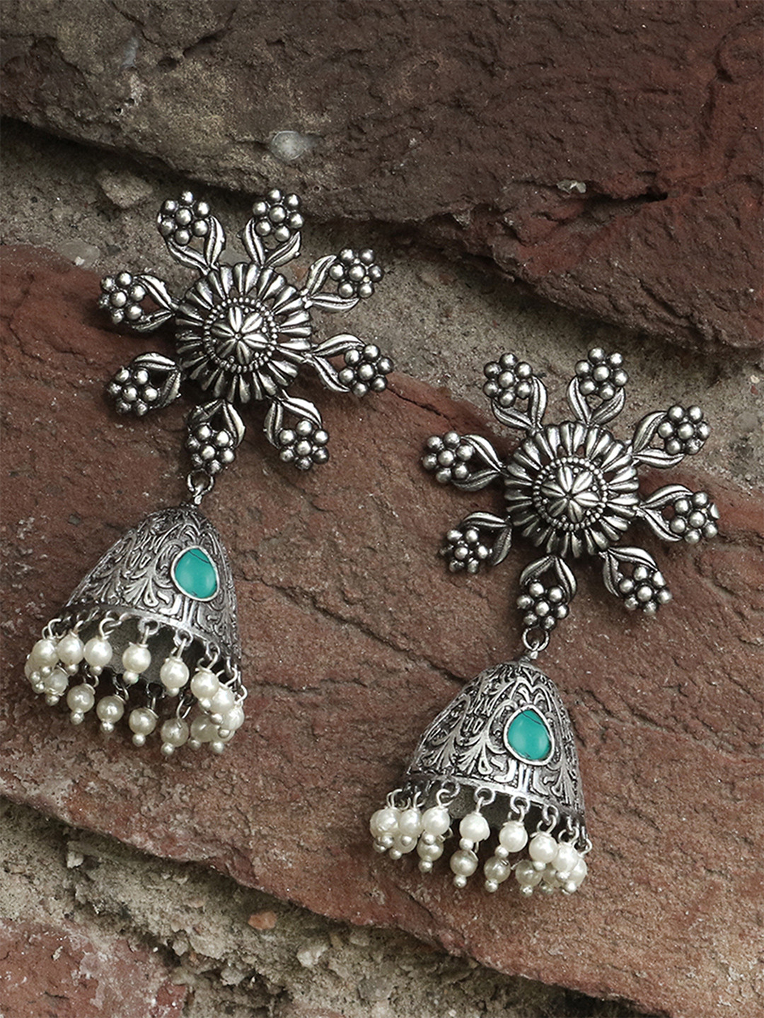Oxidized Silver-Toned Floral Stud Turquoise Accent Bell Jhumka Earrings with Pearls