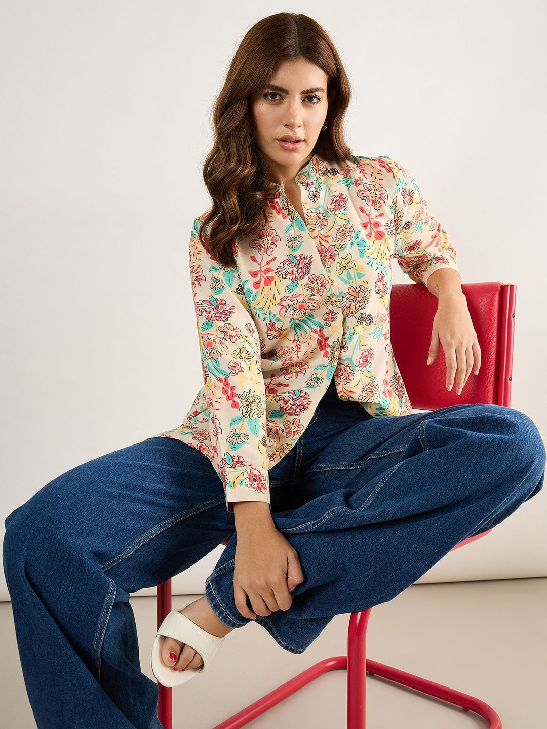 Sangria Printed Cotton Mandarian Collar Shirt Style Top