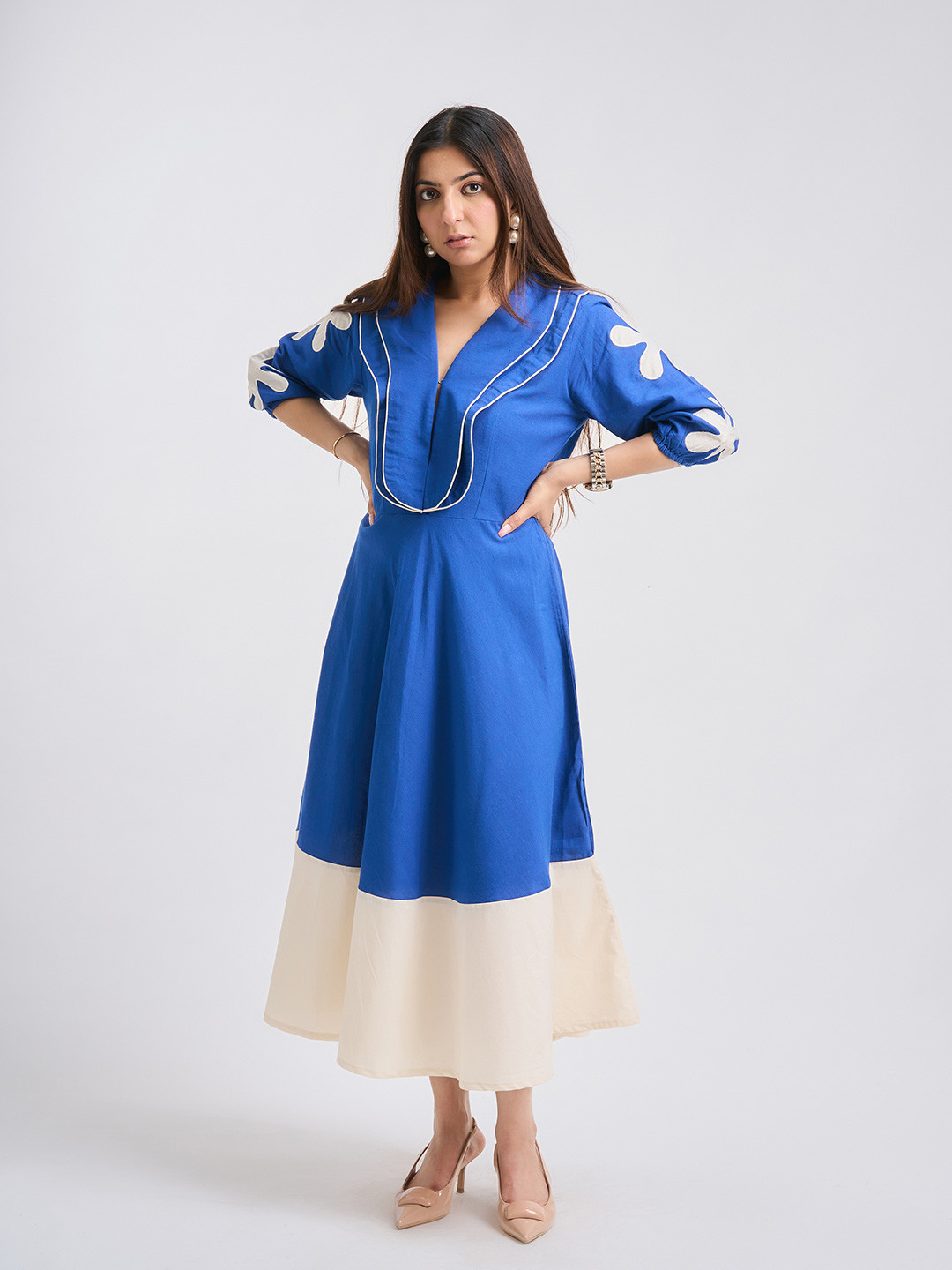 TBFO Colourblocked Applique A-Line Midi Dress