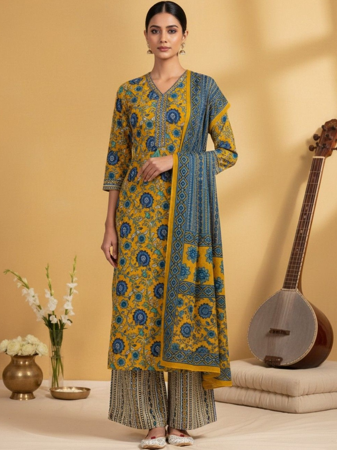 Varanga Women Floral Printed Regular Kurta with Palazzos & With Dupatta