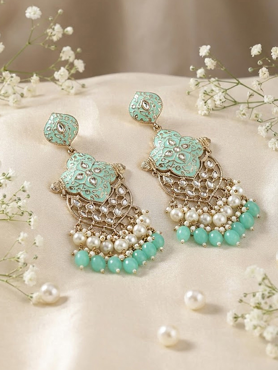 Gold-Plated Mint Green Meenakari Kundan Long Drop Earrings with Beads