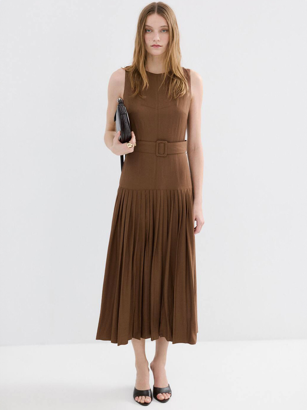 MANGO Drop-Waist Sleeveless Midi Dress with Belt