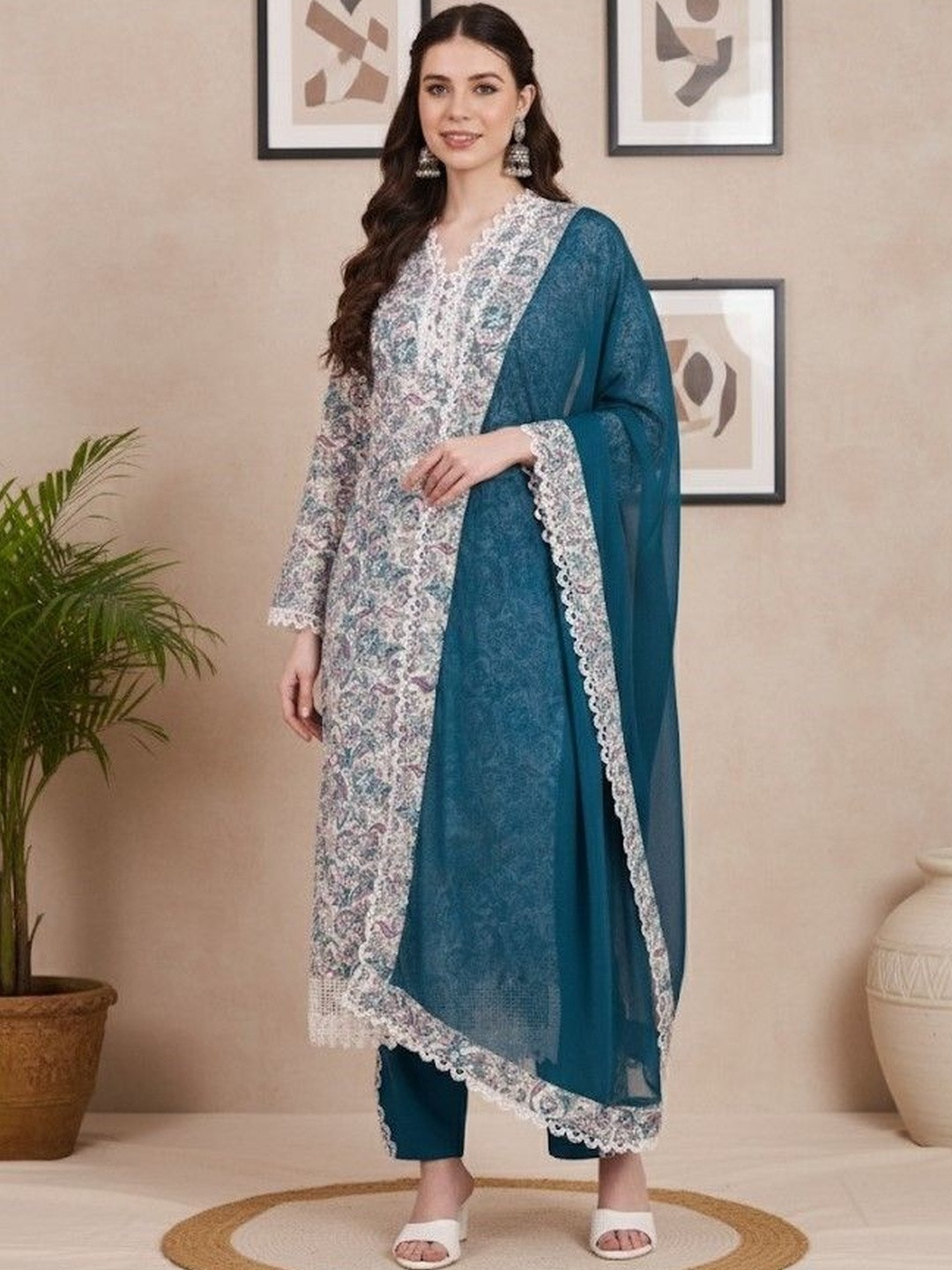 HERE&NOW Women Ethnic Motifs Printed Regular Thread Work Pure Cotton Kurta with Trousers & With Dupatta