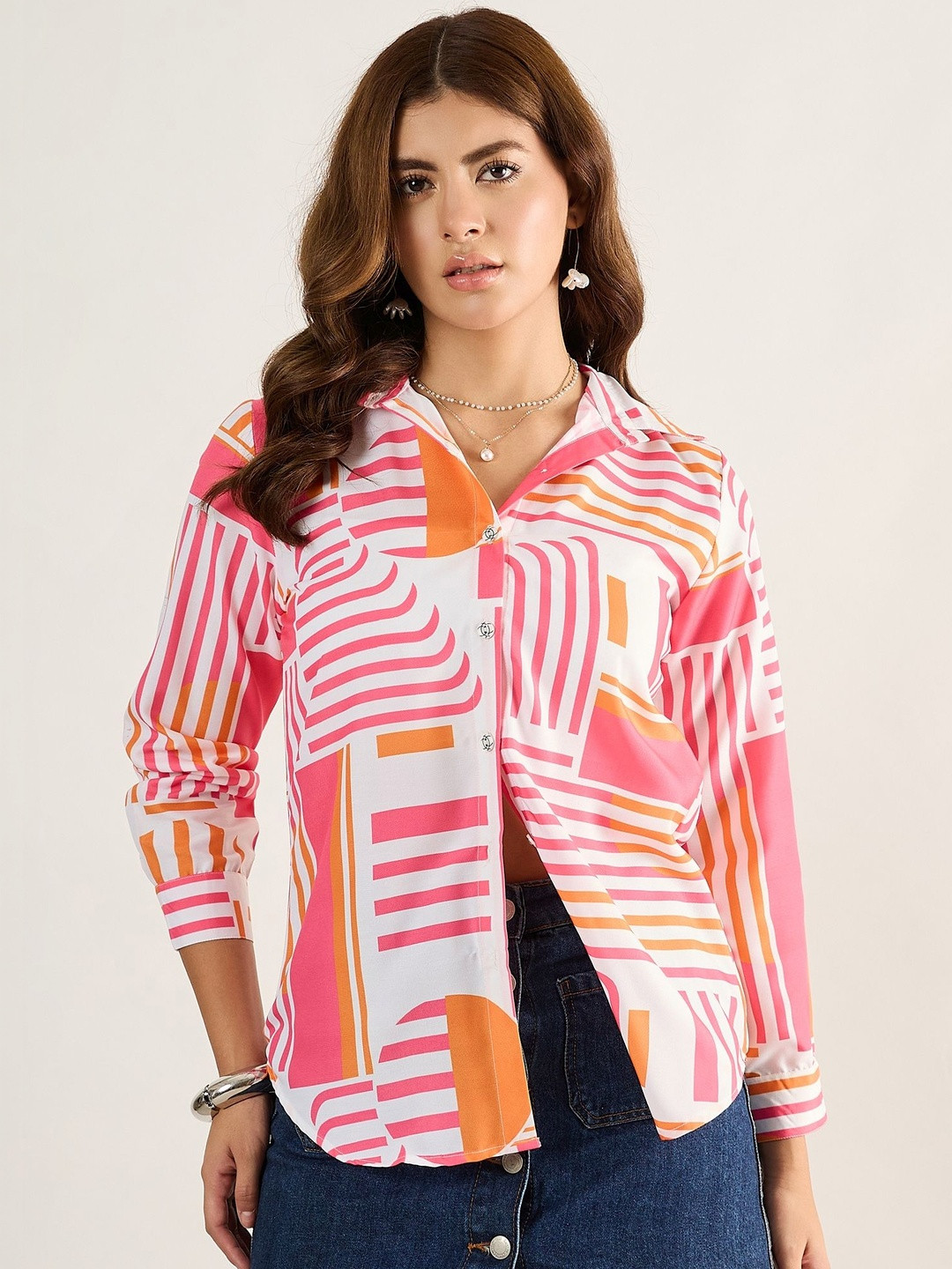 Sangria Printed Cotton Shirt Collar Shirt Style Top