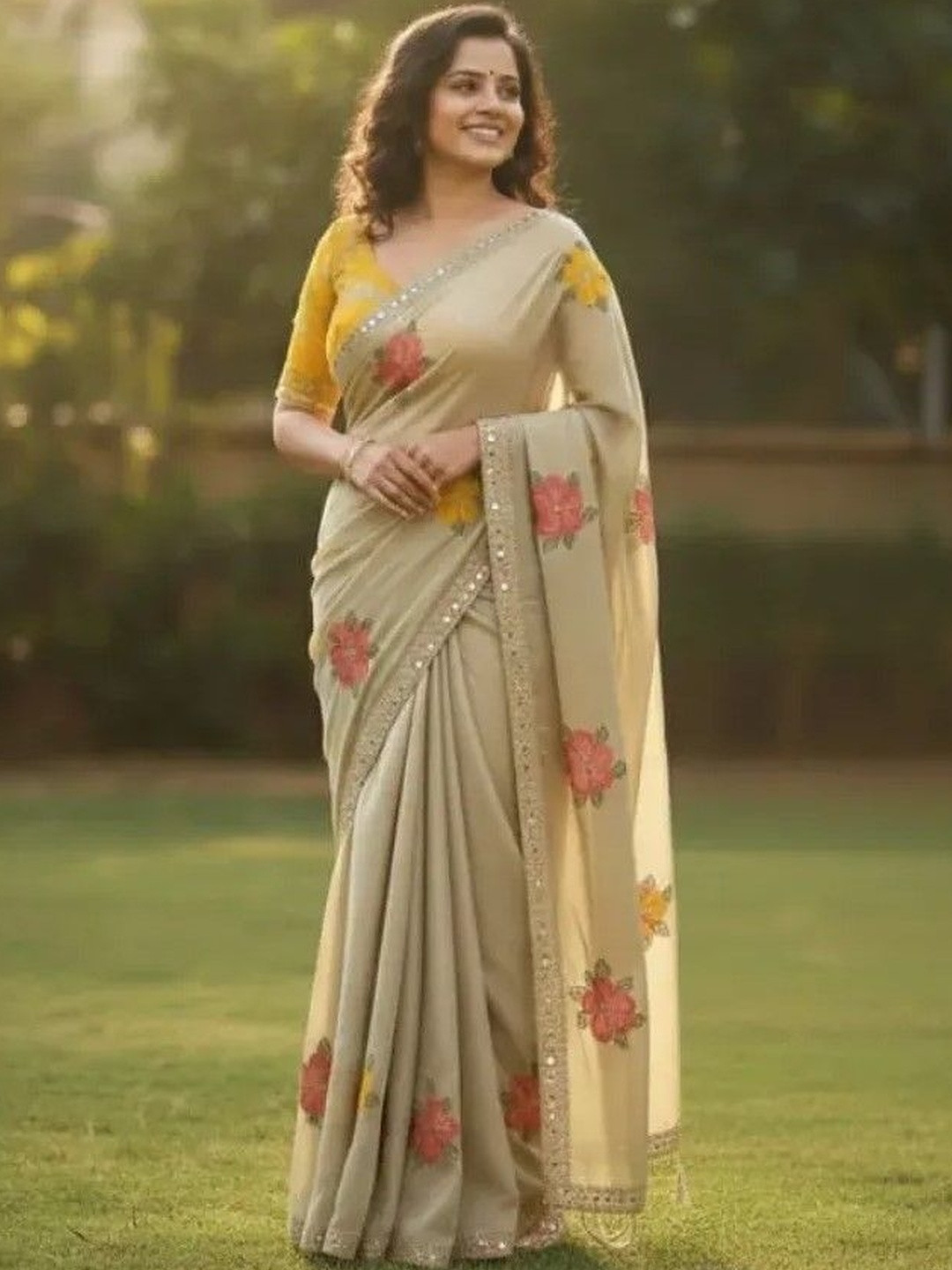 SANJANA SILK Floral Mirror Work Pure Georgette Saree
