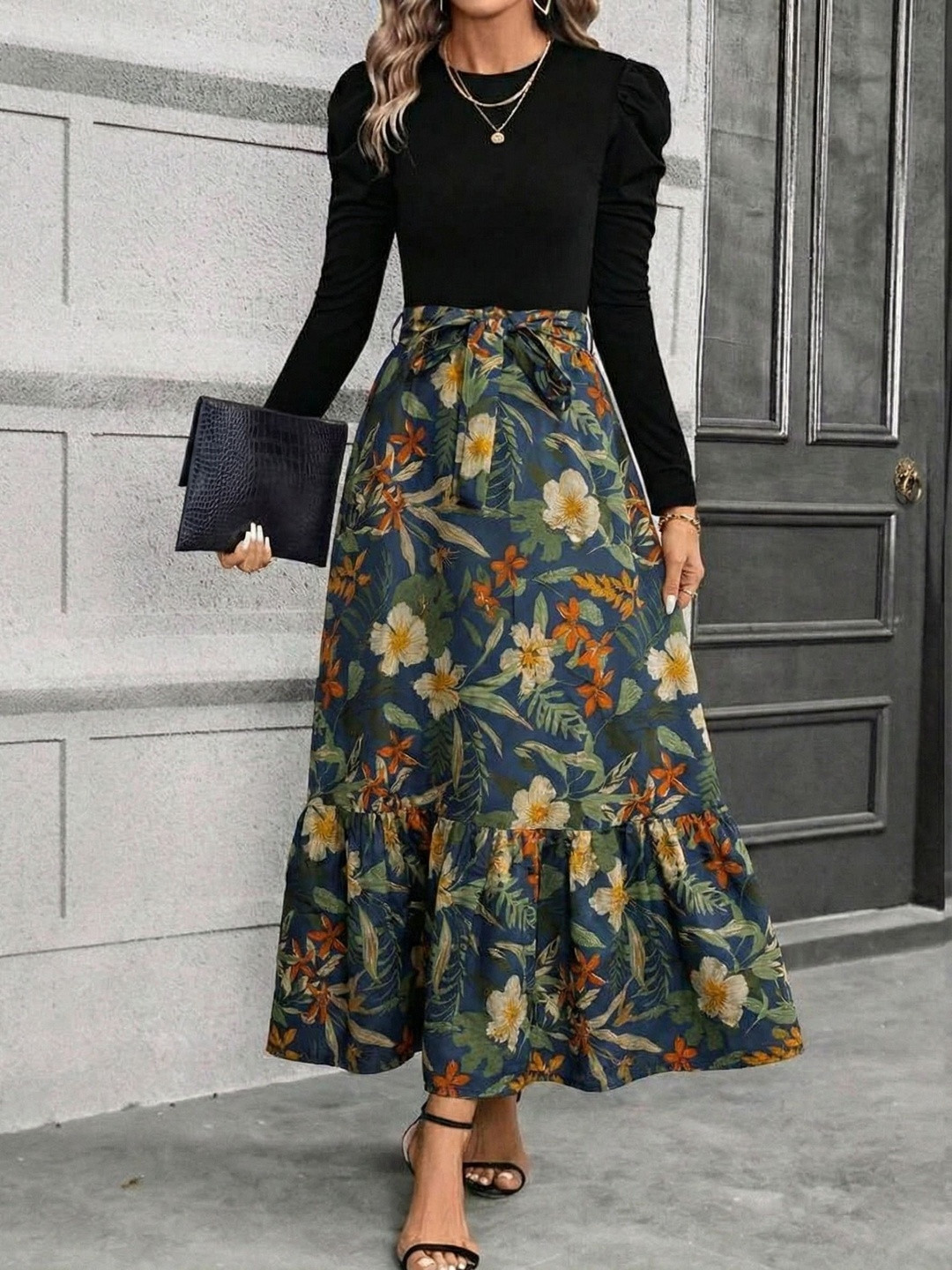 AmorLuxe Floral Print Puff Sleeve Ruffled Fit & Flare Maxi Dress