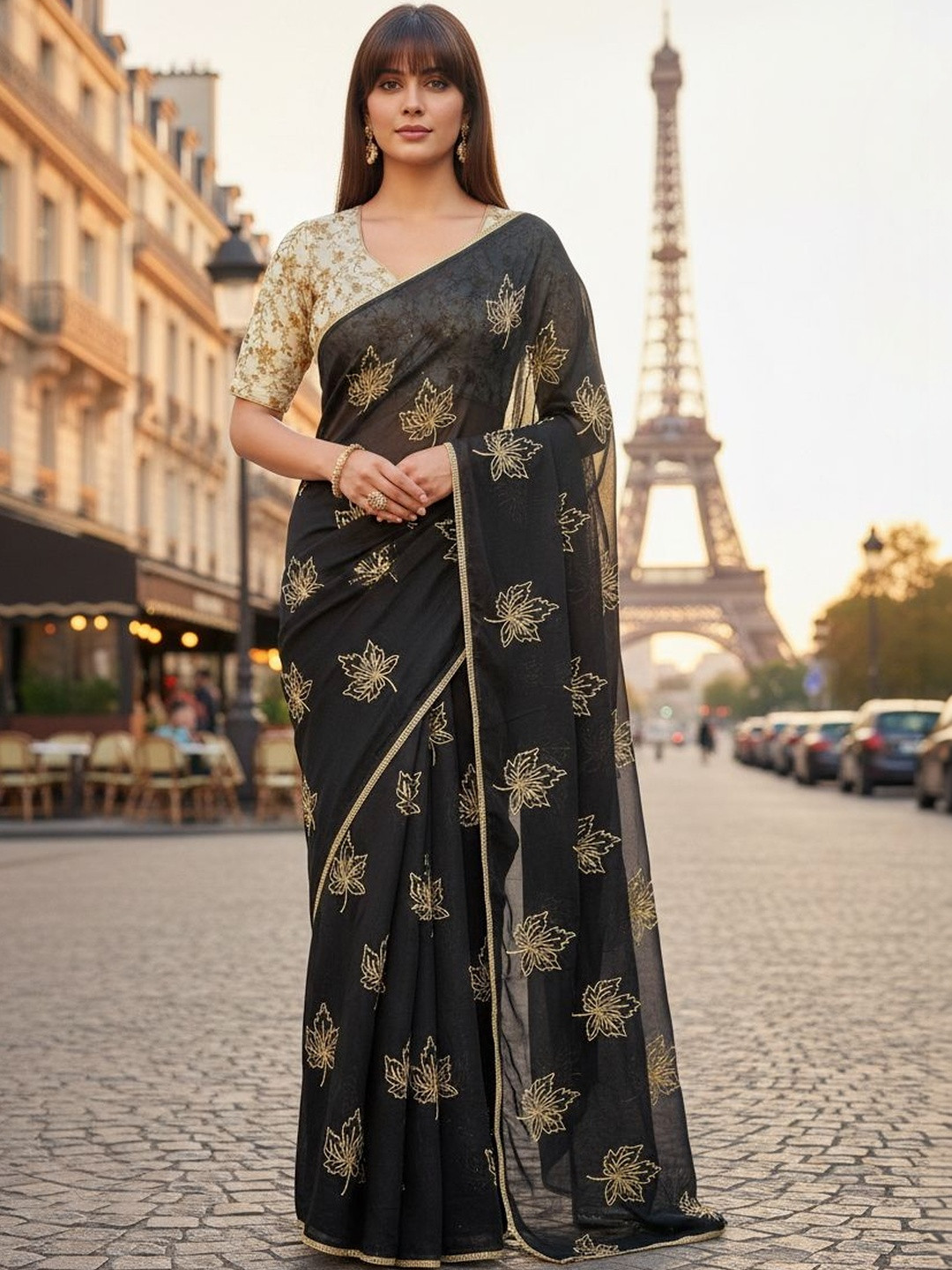 FABLAND Floral Embroidered Pure Georgette Designer Saree