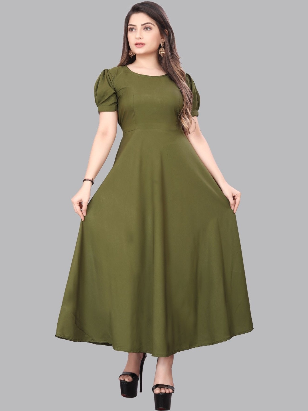KRISHTI CREATION Puff Sleeve Crepe Fit & Flare Maxi Dress
