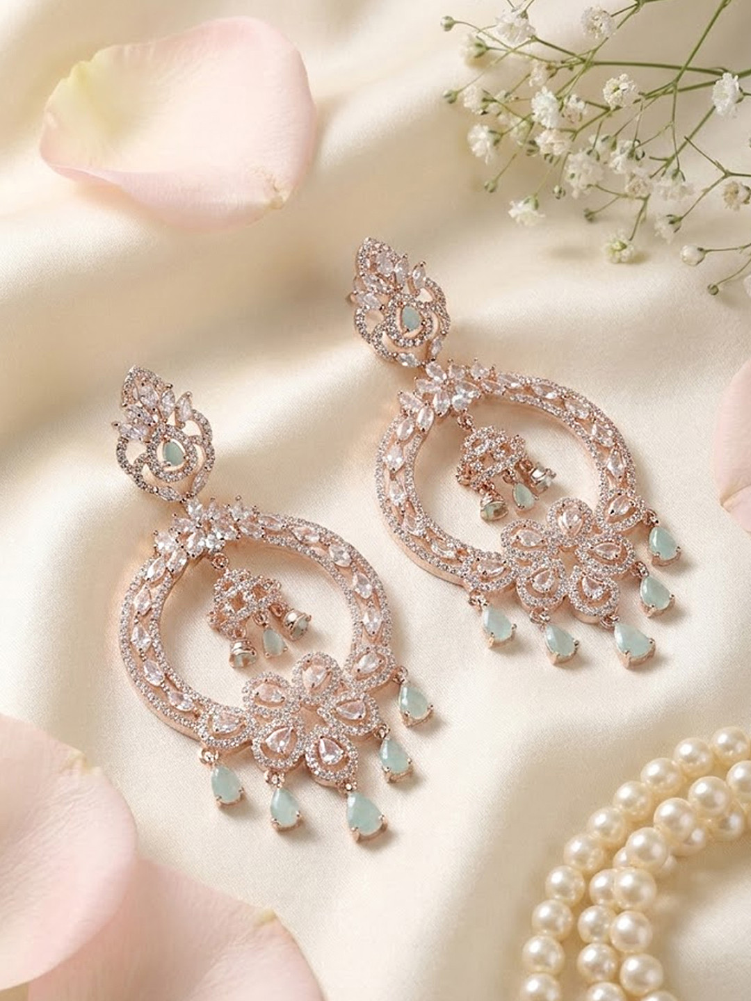 Rose Gold-Plated White CZ Studded Chandbali Drop Earrings with Mint Green Drops