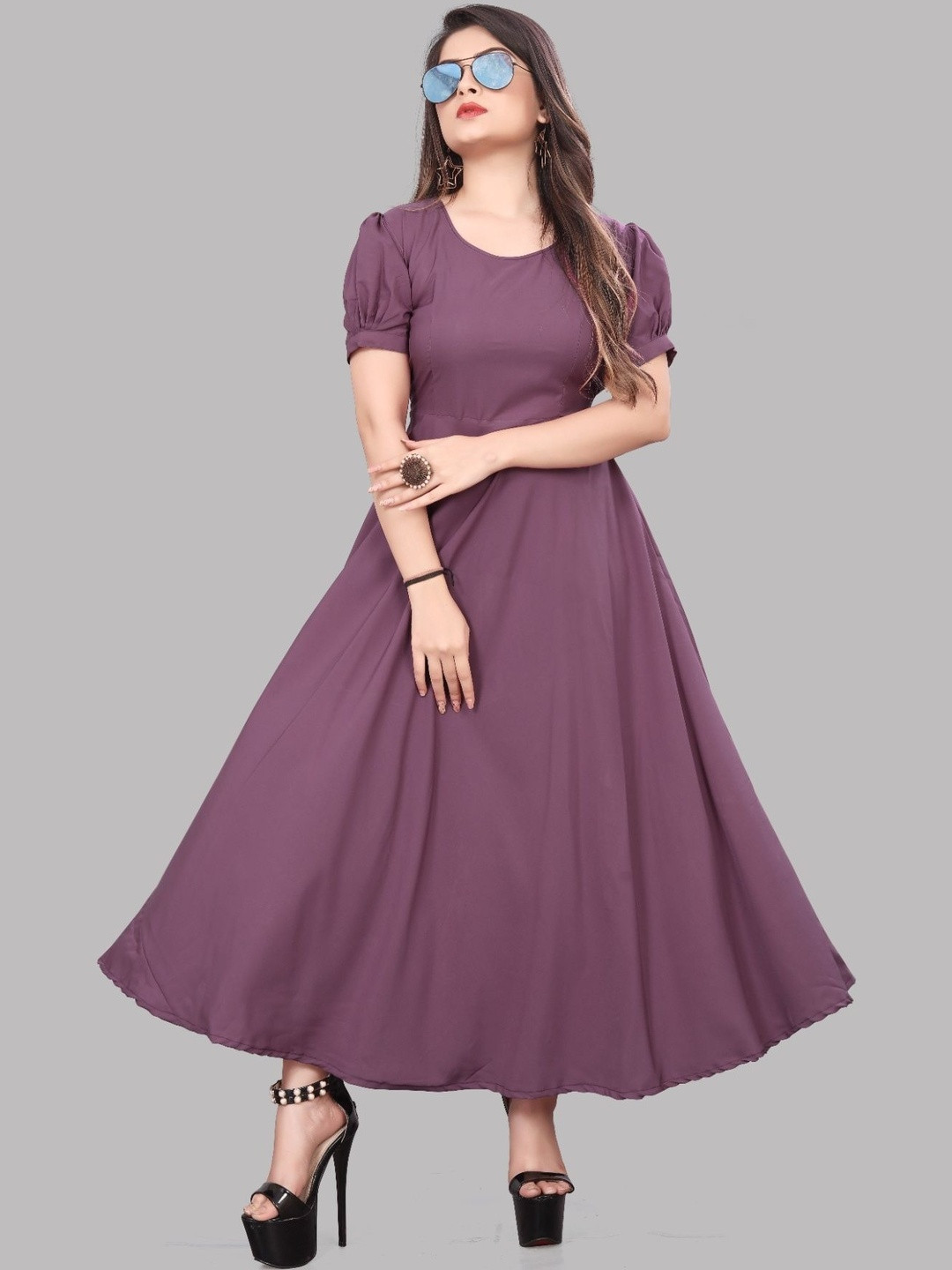 KRISHTI CREATION Puff Sleeve Crepe Fit & Flare Maxi Dress