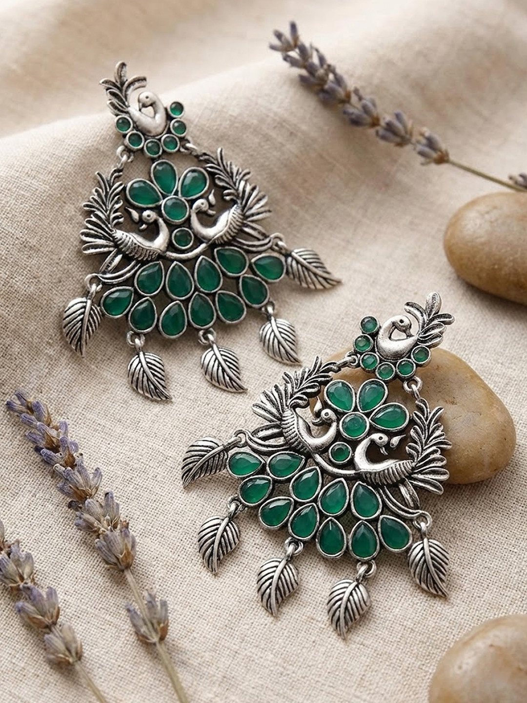 Oxidized Green Stone Peacock Drop Earrings with Leaf Charms