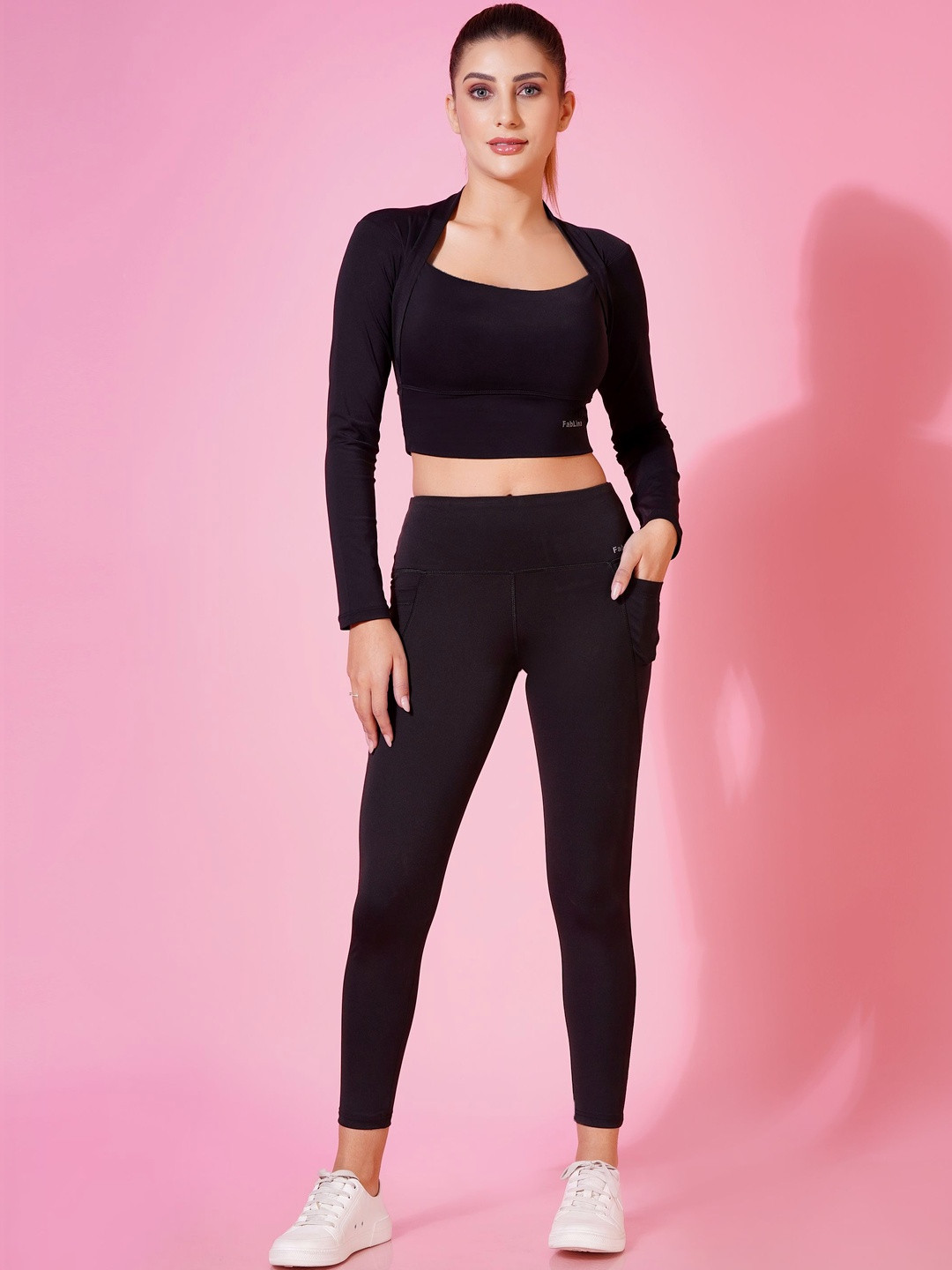 FabLina Brown Solid Square Neck Long Sleeve Slim Fit Crop Top With Removable Padded