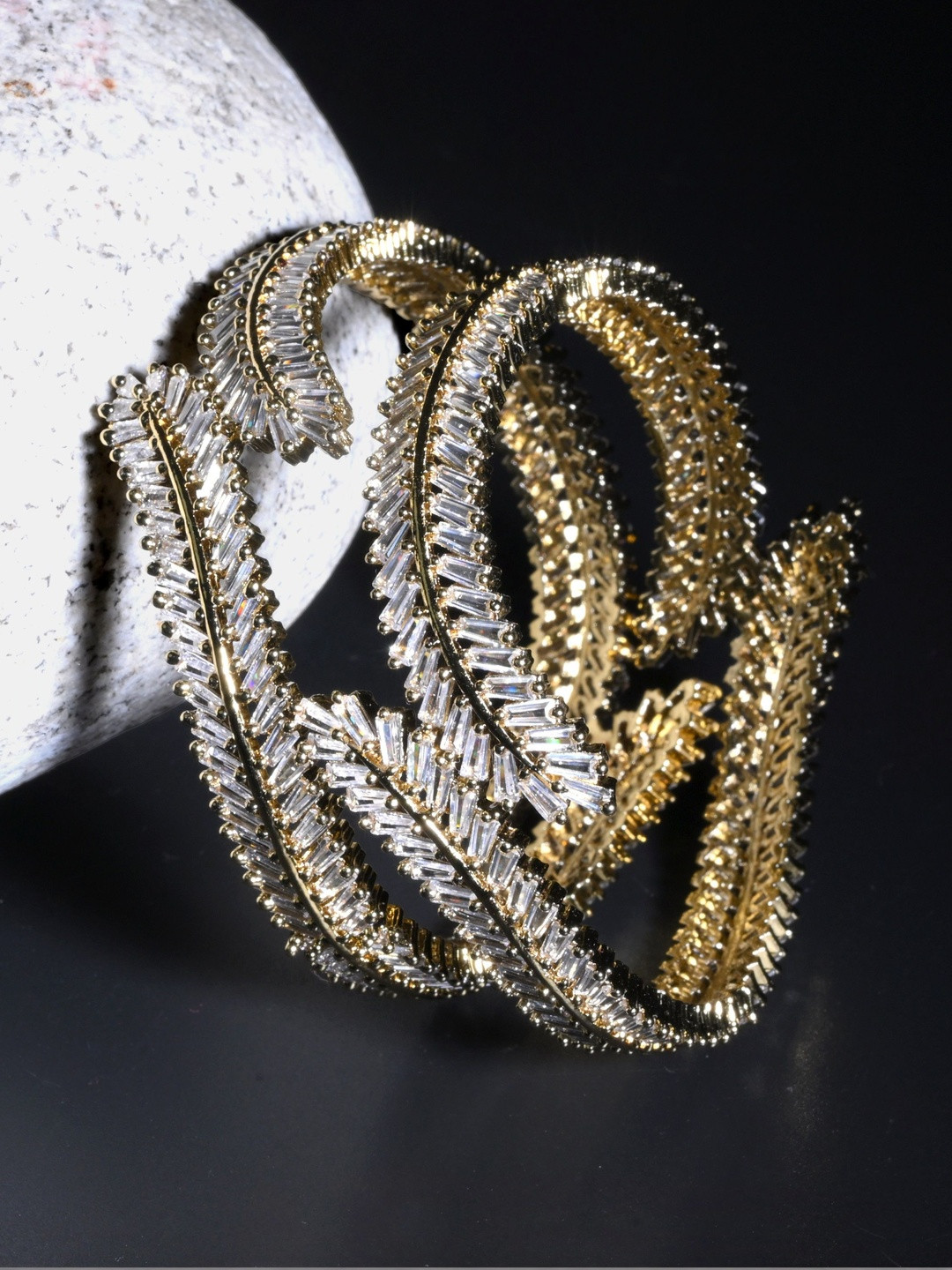 Opal Touch Set of 2 Gold-Plated Cubic Zirconia Stone-Studded Bangle