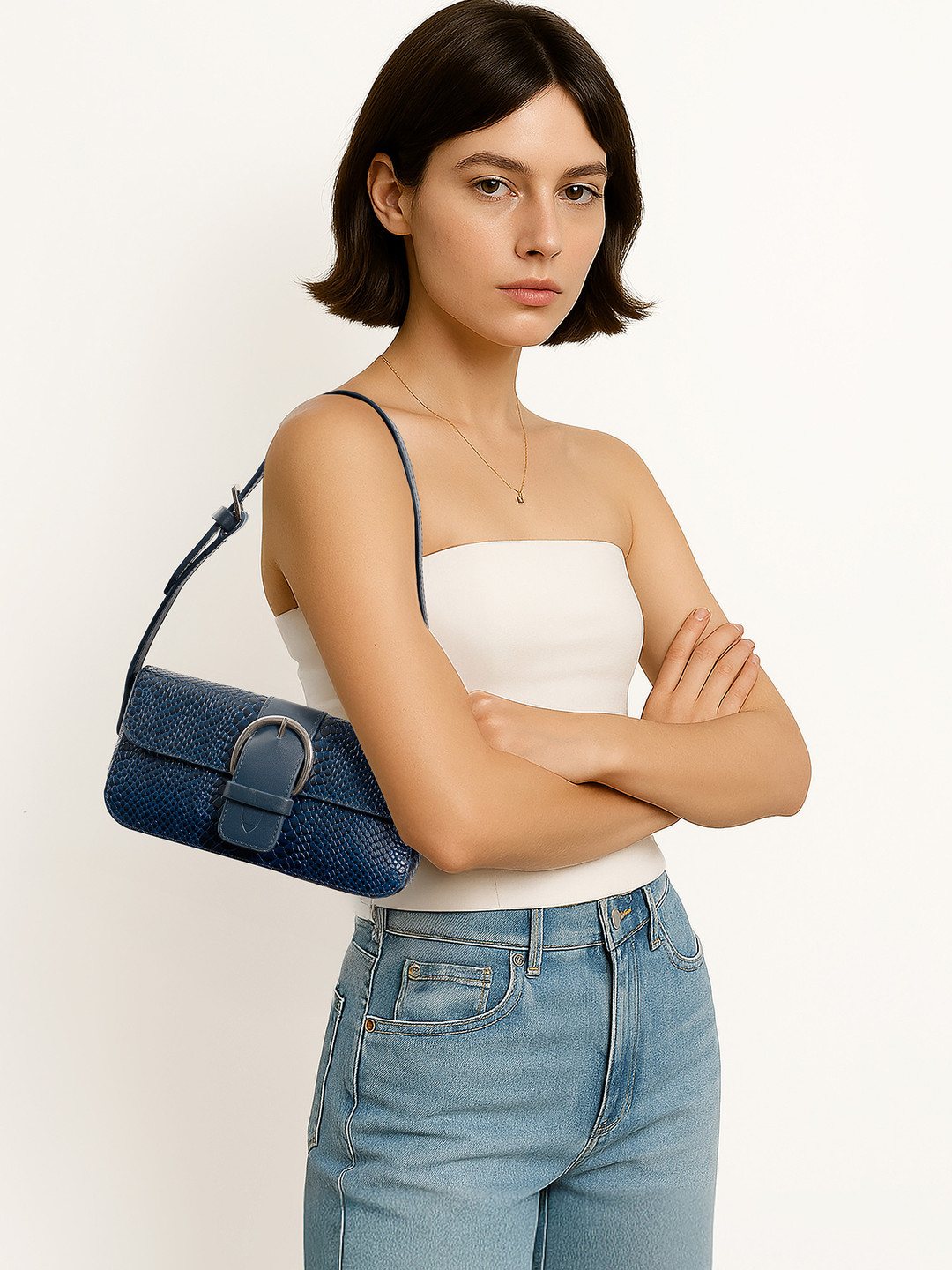 Hidesign Navy Blue Animal Textured Leather Structured Handheld Bag