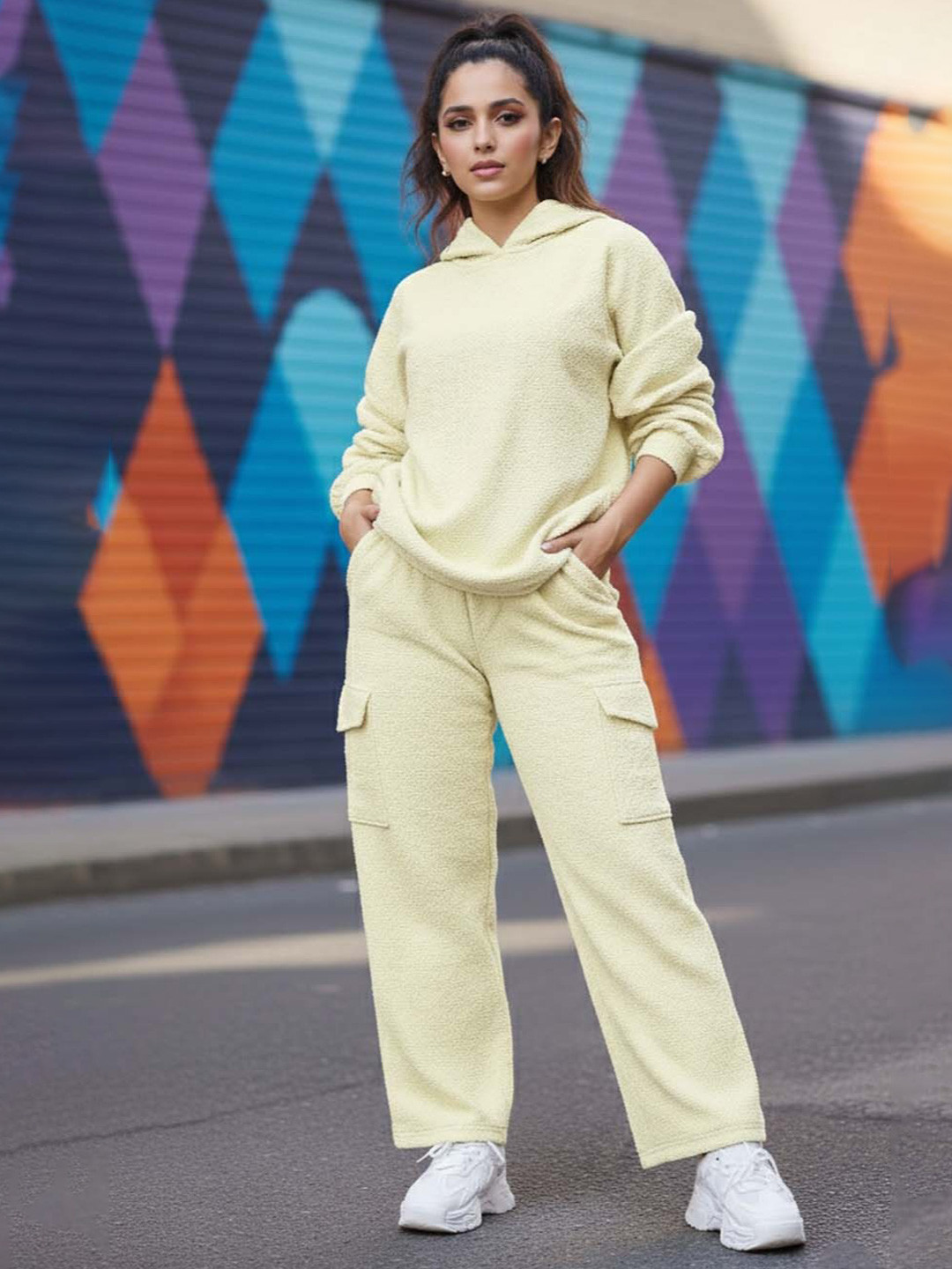 Yellow Self Design Hood Sweatshirt & Trousers Co-Ords