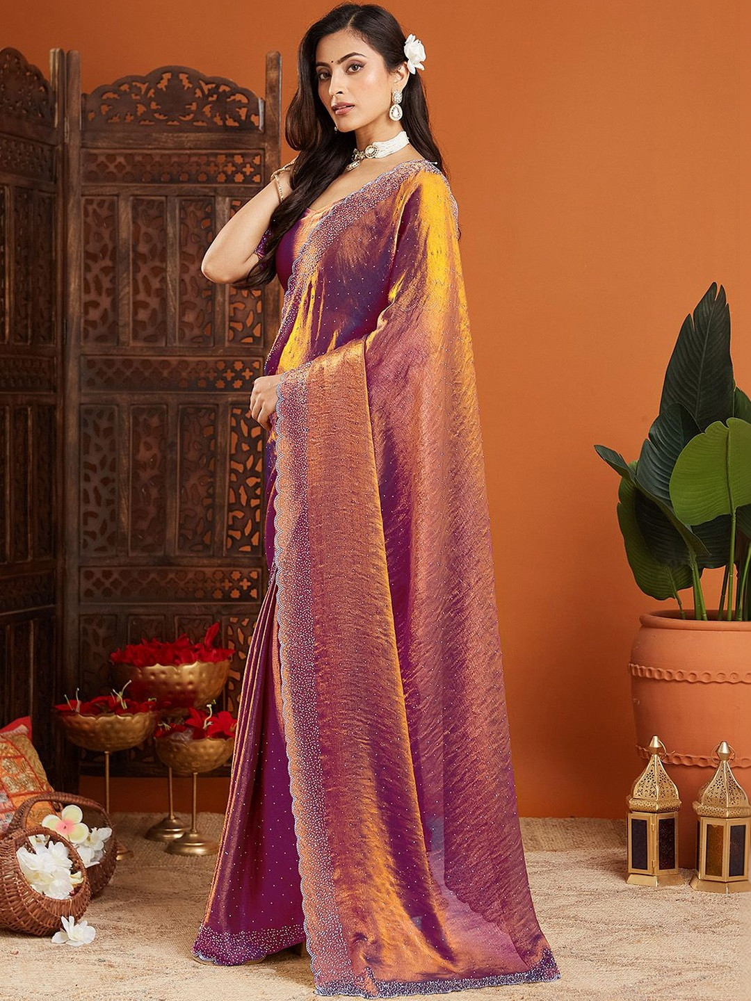 KALINI Embellished Beads and Stones Organza Heavy Work Saree