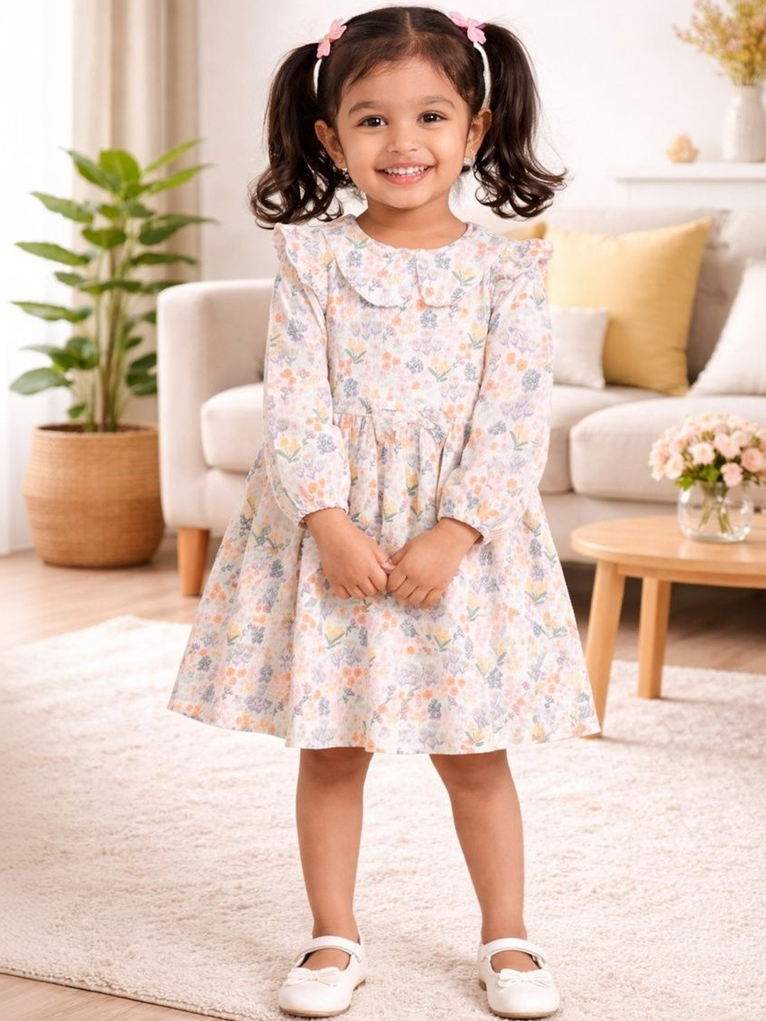 JusCubs Floral Print Peter Pan Collar Puff Sleeve Fit & Flare Dress