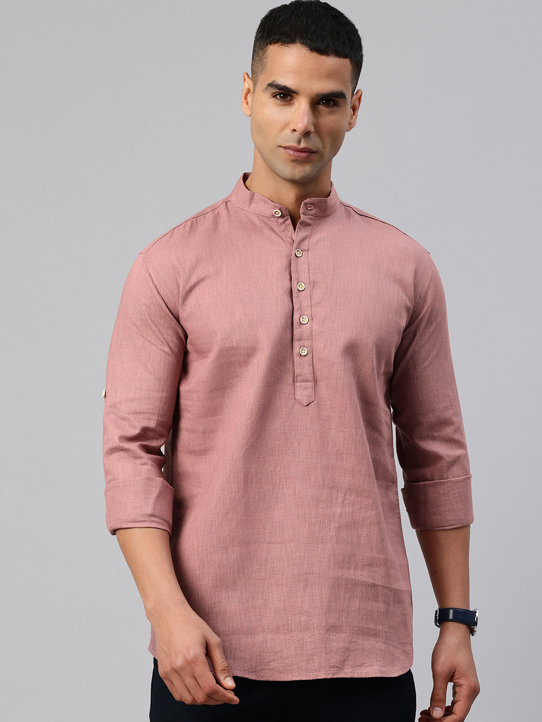 Majestic Man Striped Roll-Up Sleeve Short Kurta
