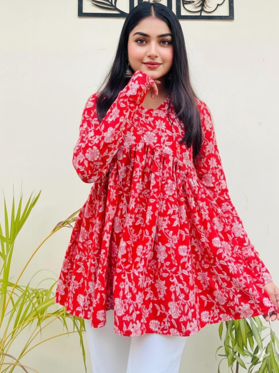BRAHMASTRA Floral Printed V-Neck Empire Kurti