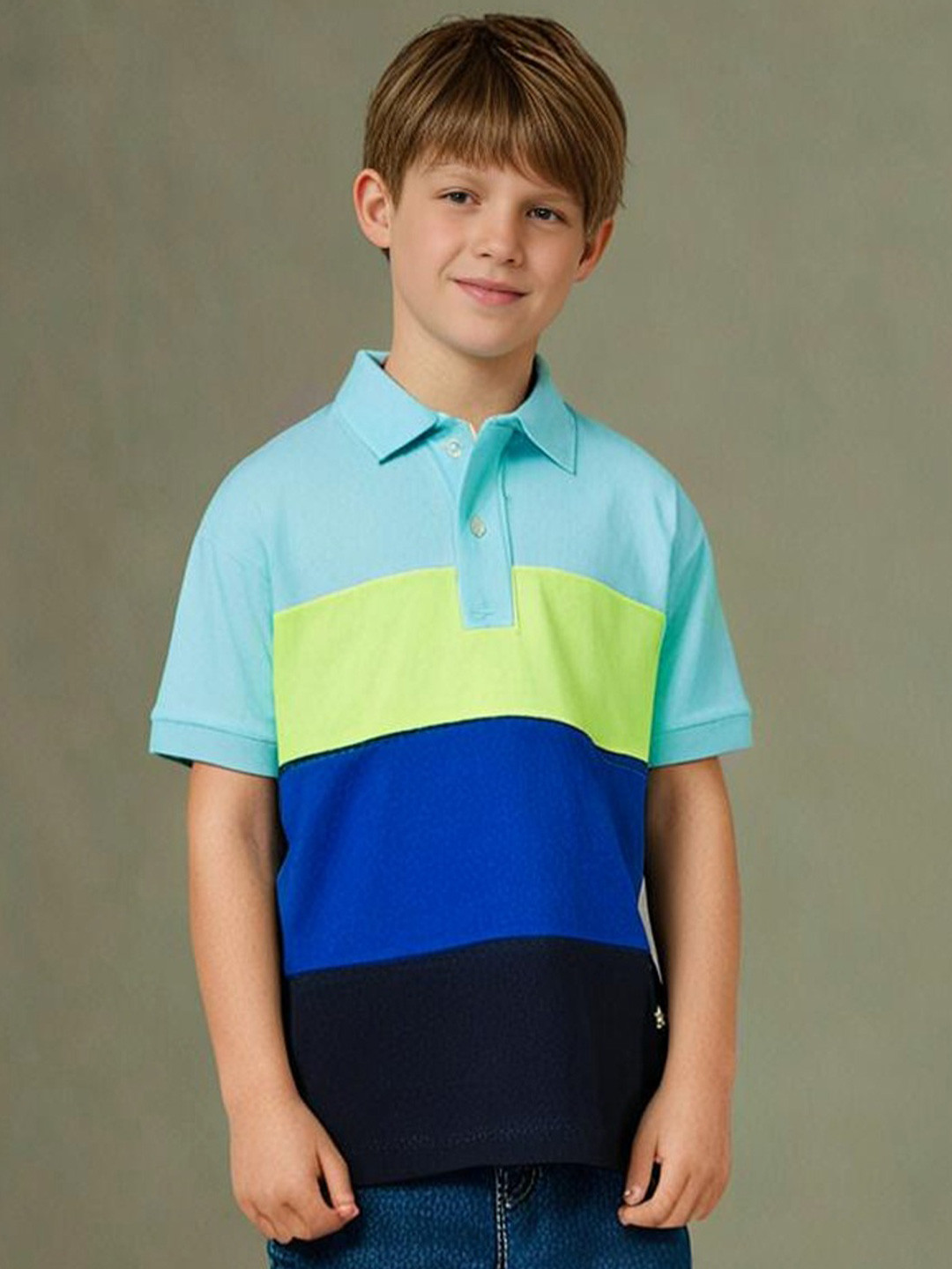 Cherry Crumble Unisex Kids Blue Colourblocked Polo Collar T-shirt