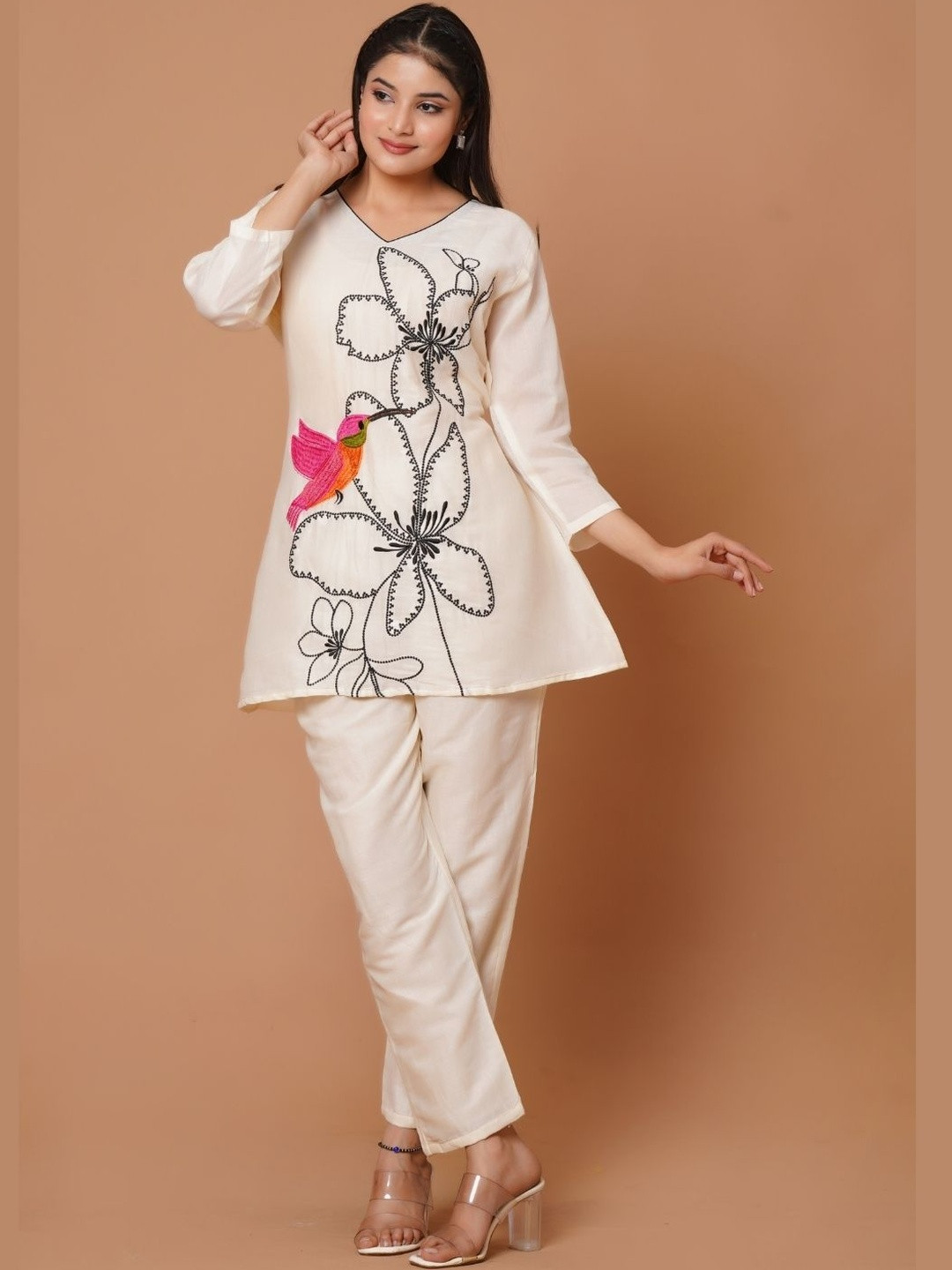 MISKI Embroidered V-Neck Top & Trousers Co-Ords
