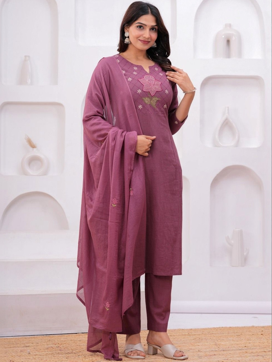 SAANVRA Women Ethnic Motifs Embroidered Regular Thread Work Kurta with Trousers & With Dupatta