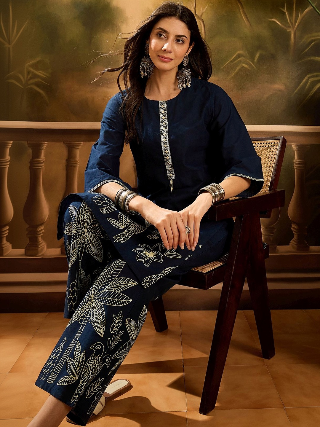 Sangria Printed Pure Cotton Round Neck Kurta & Trousers Kurta Set