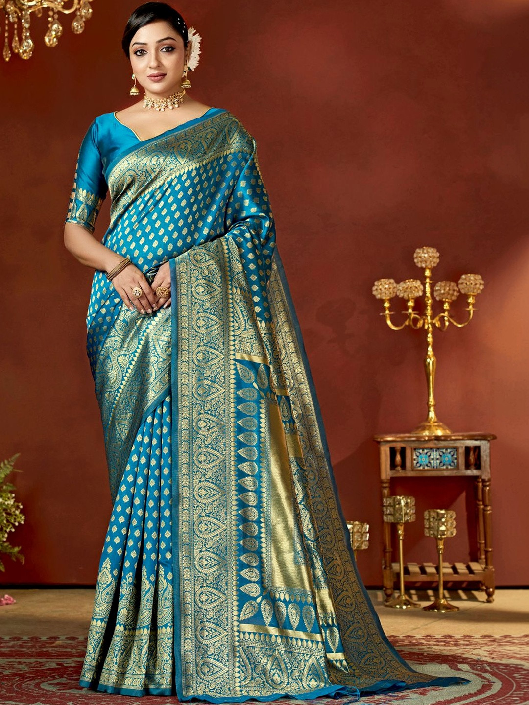 SURUKH Ethnic Motifs Zari Silk Blend Heavy Work Banarasi Saree