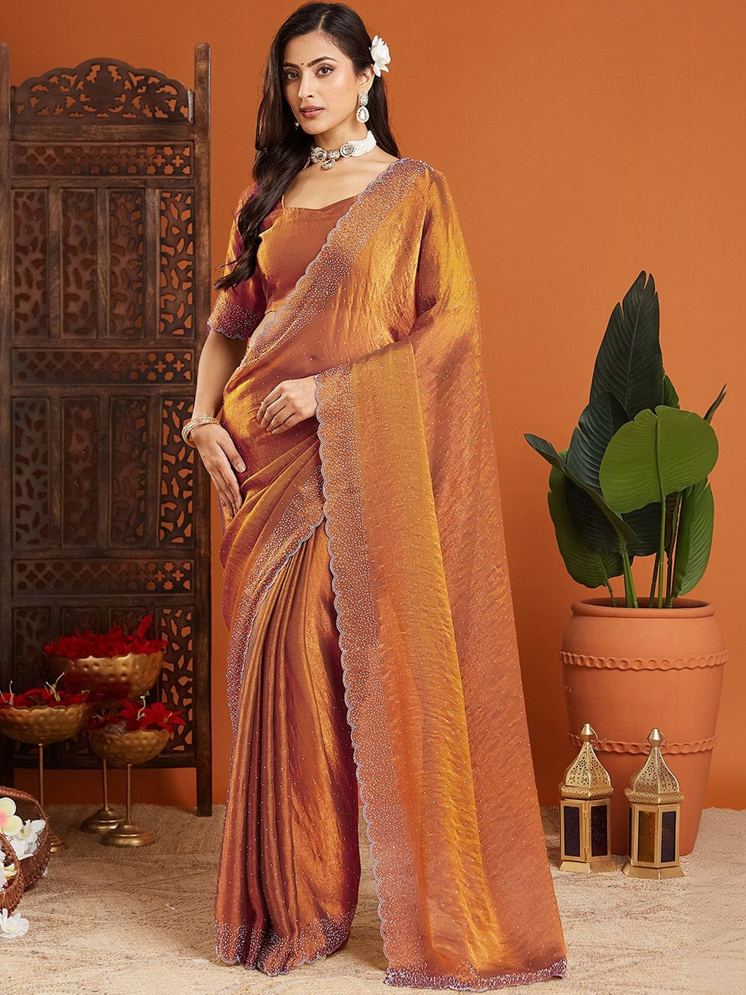 KALINI Embellished Beads and Stones Organza Heavy Work Saree