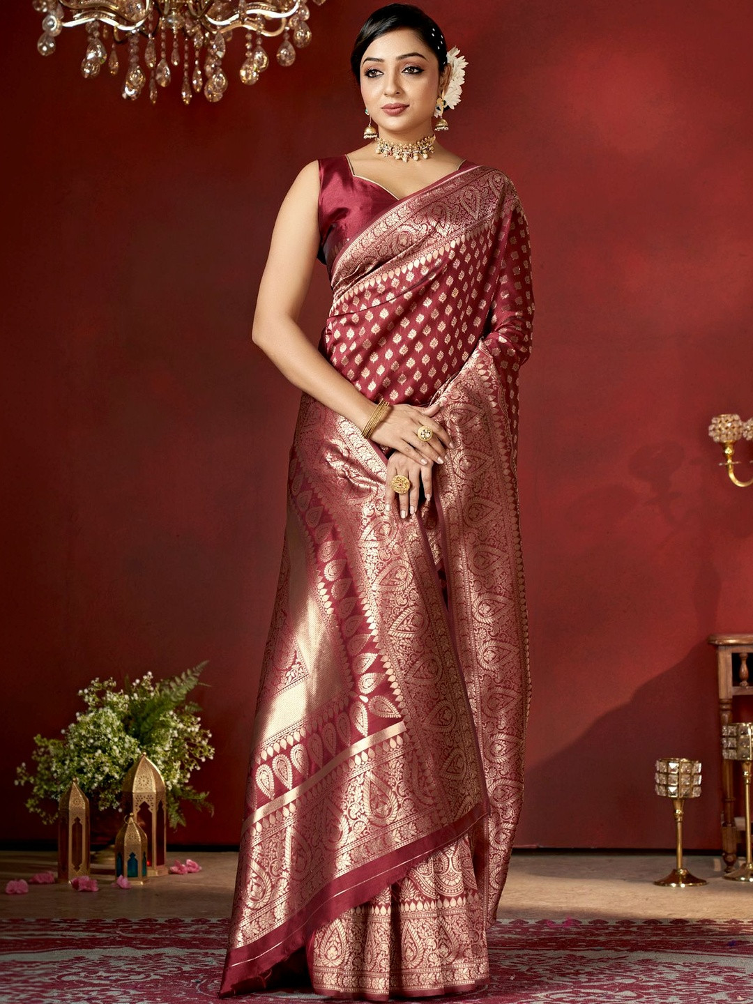 SURUKH Ethnic Motifs Zari Silk Blend Heavy Work Banarasi Saree