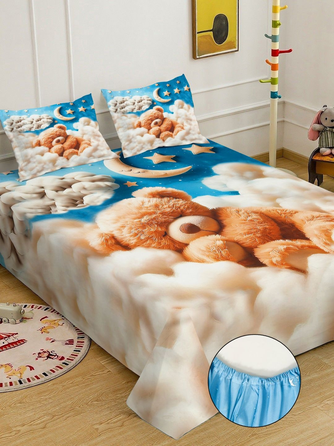Blue & Brown Cartoon Printed Fitted 7D 400 TC Double King Bedsheet With 2 Pillow Covers