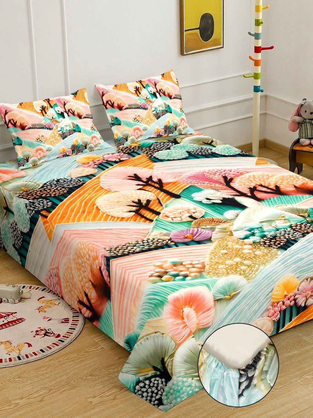 Green Floral Printed Fitted 7D 400 TC Double King Bedsheet With 2 Pillow Cover