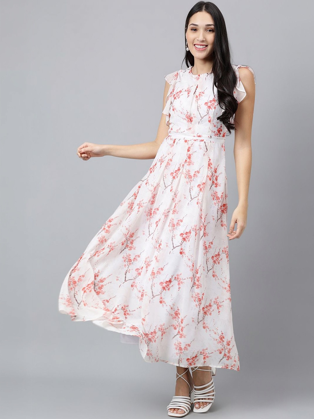 Latin Quarters Floral Print Flutter Sleeve Ruffled A-Line Midi Dress