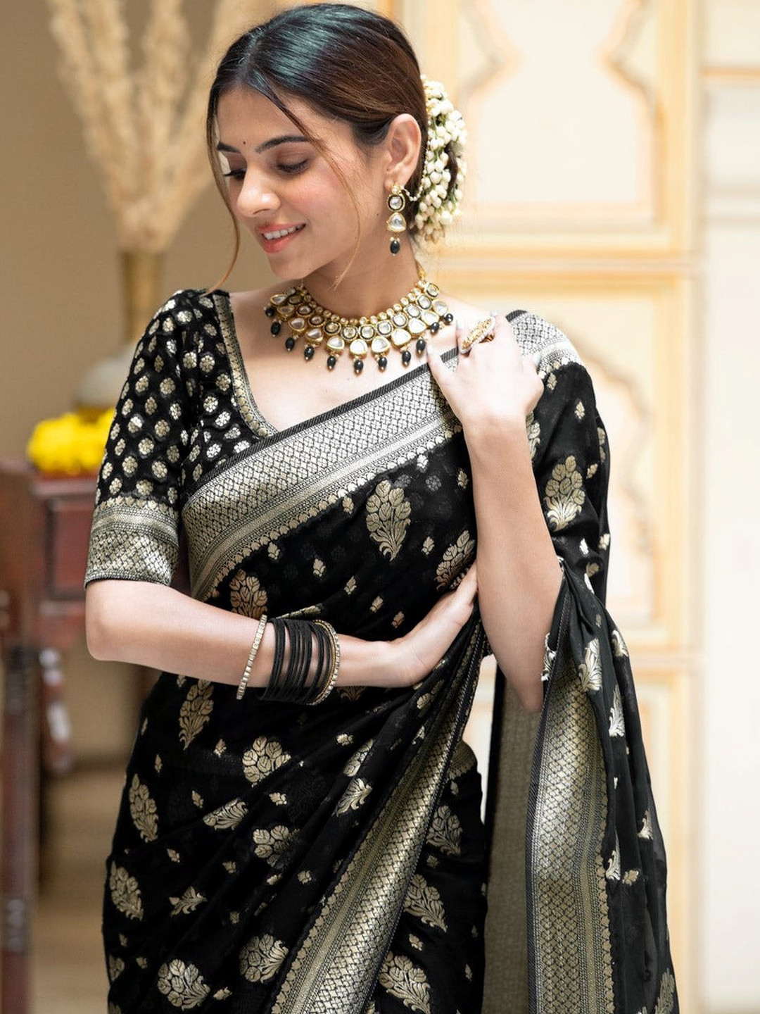 STYLENZA Ethnic Motifs Zari Satin Heavy Work Banarasi Saree