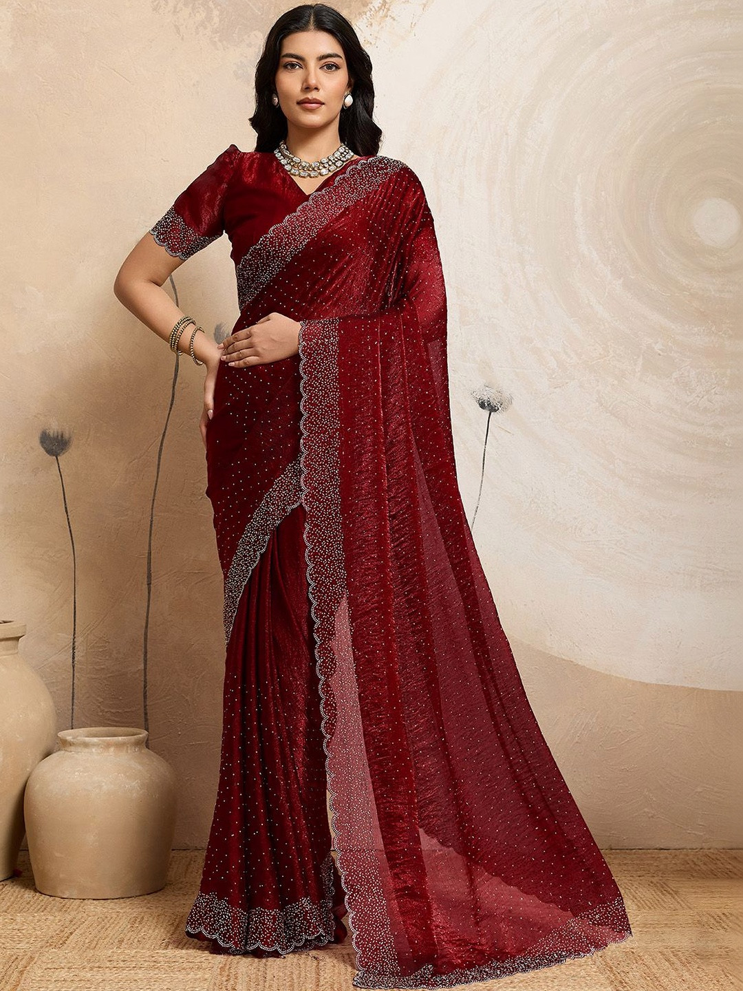 KALINI Embellished Beads and Stones Organza Heavy Work Saree