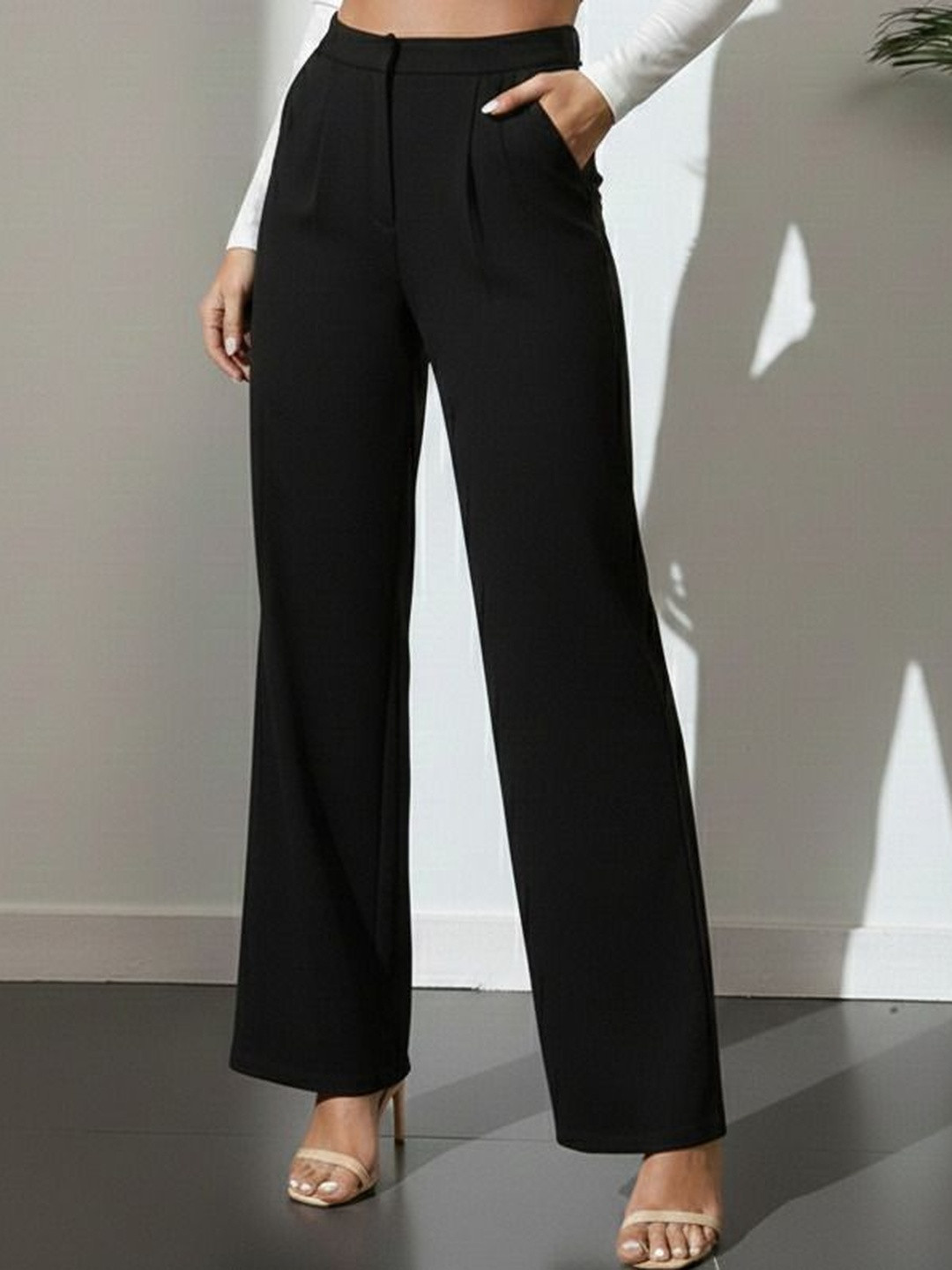 FELLAMO Women Smart Straight Fit High-Rise Easy Wash Trousers