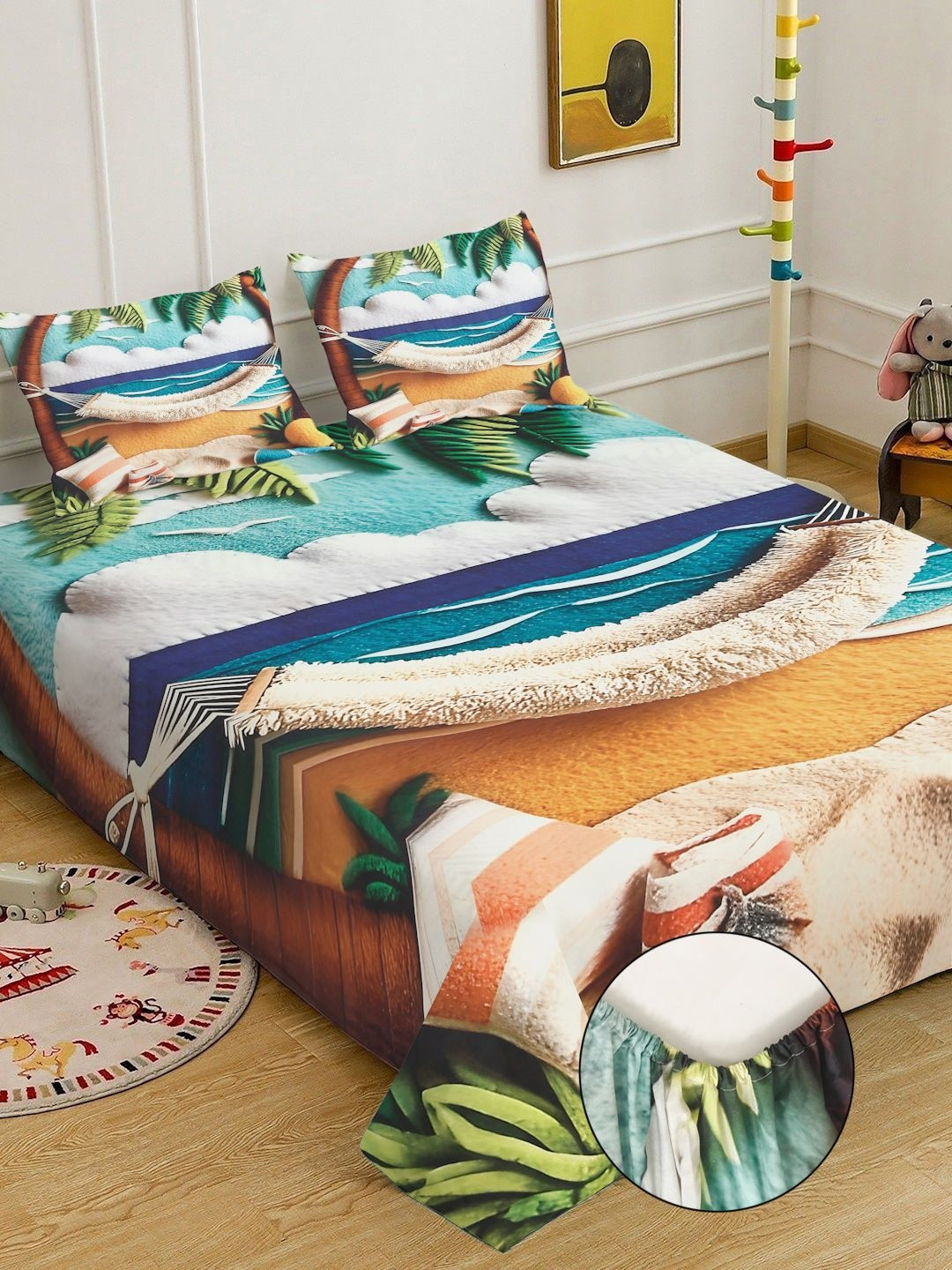 Multicolor Abstract Printed Fitted 7D 400 TC Double King Bedsheet With 2 Pillow Cover