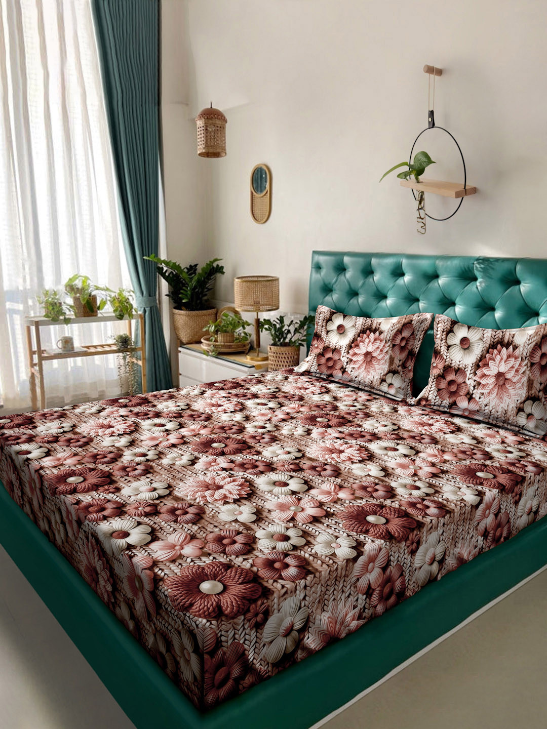 KLOTTHE Brown Floral Printed Flat 300 TC King 7D Bedsheet With 2 Pillow Cover