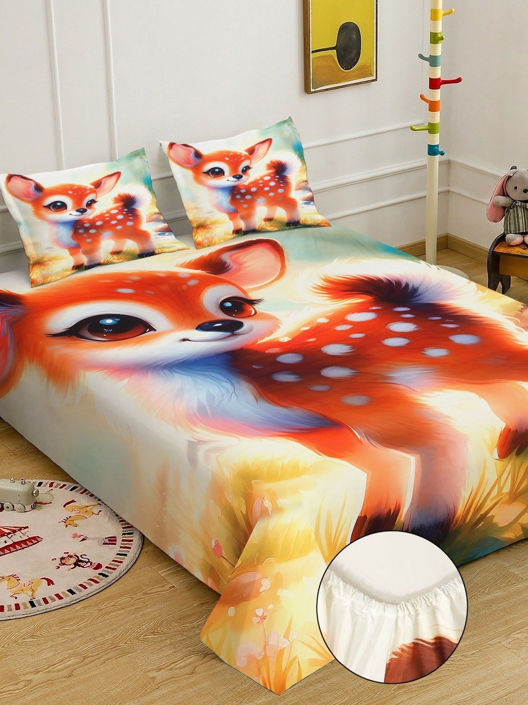 Orange Cartoon Printed Fitted 7D 400 TC Double King Bedsheet With 2 Pillow Cover